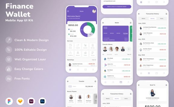 金融和钱包移动应用 APP UI KIT (SKETCH,FIG,XD,PSD)