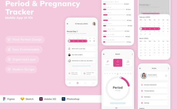时期和怀孕跟踪器移动应用 APP UI KIT (SKETCH,FIG,XD,PSD)