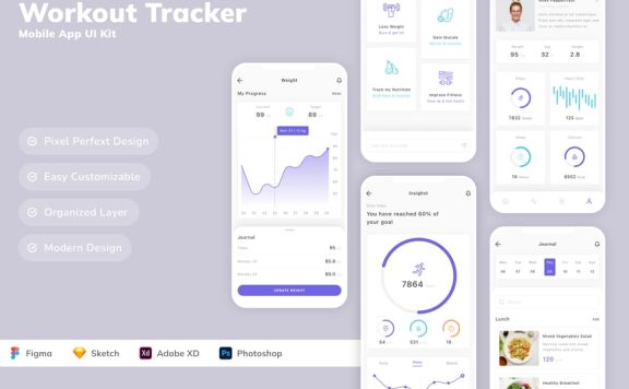 锻炼跟踪器移动应用APP UI KIT (SKETCH,FIG,XD,PSD)