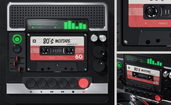 未来派玩家模型中的复古磁带盒样机 (PSD)