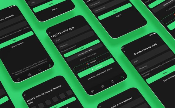 登录、登录和注册、密码屏幕黑色应用APP UI KIT (FIG,PSD,SKETCH,SVG,XD)