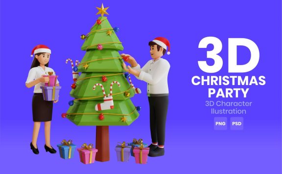 圣诞派对3D角色插画素材(PNG,PSD)
