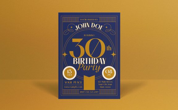 蓝色装饰艺术生日请柬海报模板 (AI,PSD)