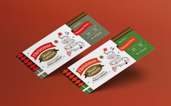 红色平面设计圣诞音乐会门票模板 (AI,PSD)