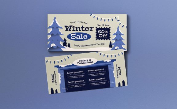 蓝色平面设计冬季销售优惠券模板 (AI,PSD)