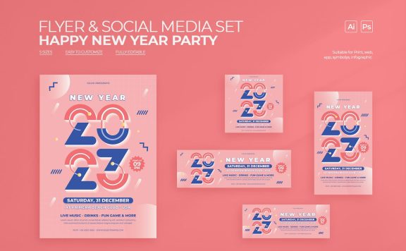 新年派对传单和社交媒体帖子集 (AI,PSD)