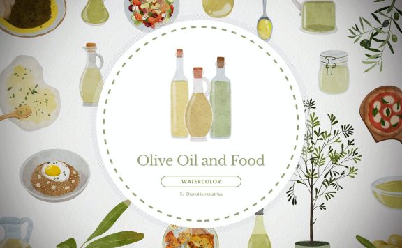榄油和主菜水彩插图 (PNG)