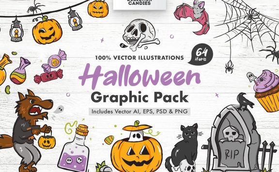 万圣节元素矢量插画（狼人、南瓜、魔法药水、咒语罐、怪物、骷髅、僵尸、死神、黑猫、吸血鬼蝙蝠、德古拉、万圣节糖果和食物、墓地墓碑、蜘蛛网、旗帜） (AI,EPS,PSD,PNG)