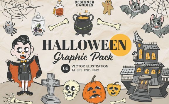 万圣节元素矢量插画（南瓜、魔法药剂瓶、女巫锅、骷髅、蝙蝠、僵尸之手、万圣节糖果、蜘蛛网、墓碑、鬼屋） (AI,EPS,SVG,PSD,PNG)
