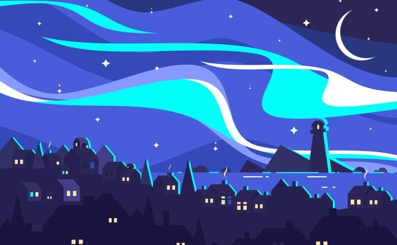 北极光景观矢量插画 (EPS)