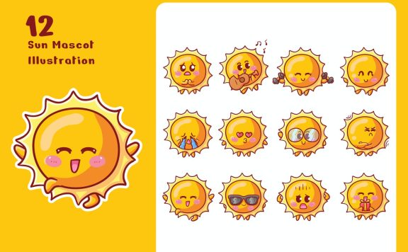 可爱的太阳贴纸插图套装 (AI,EPS,JPG,PNG)