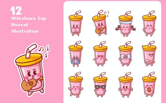 可爱奶昔杯贴纸插图套装  (AI,EPS,JPG,PNG)