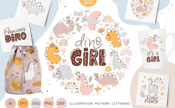 可爱恐龙女孩SVG矢量插画素材 (svg,ai,eps)