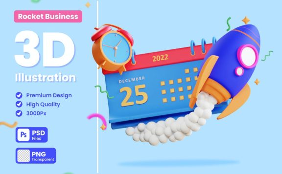 业务日程火箭3D概念插画 (PNG,PSD)