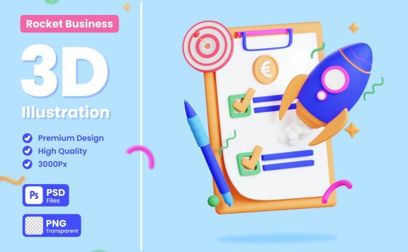 业务认证火箭3D概念插画 (PNG,PSD)