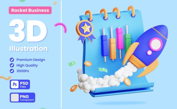 业务数据火箭3D概念插画 (PNG,PSD)