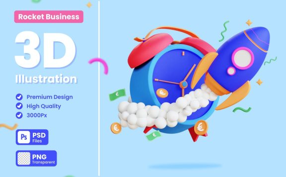 业务周期火箭3D概念插画 (PNG,PSD)