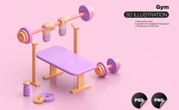 运动元素健身器材手持杠铃和3D水瓶插画 (PNG)