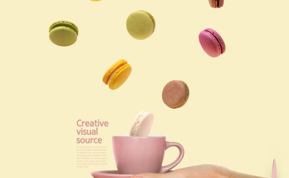飘散的马卡龙饼干创意视觉海报设计模板 (psd)