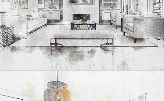 建筑房间照片水彩效果模板 (psd)