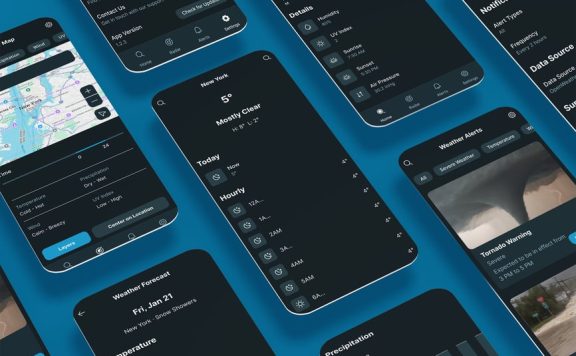 天气预报、警报和气候统计黑色应用APP UI KIT (FIG,XD,SVG,SKETCH,PSD)