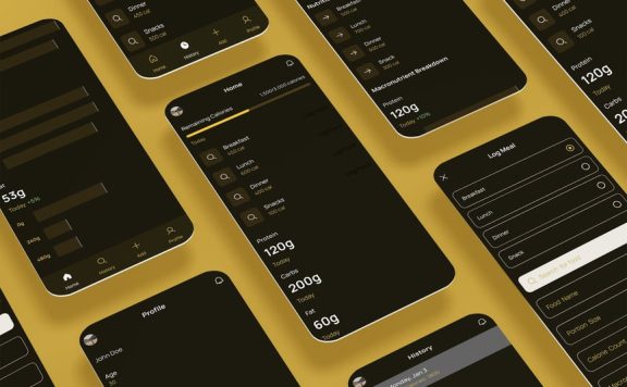 卡路里目标计数器、营养和食品黑色应用APP UI KIT (FIG,XD,SVG,SKETCH,PSD)