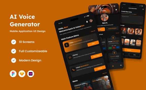 人工智能语音生成器移动应用APP UI KIT (FIG,SKETCH,XD)
