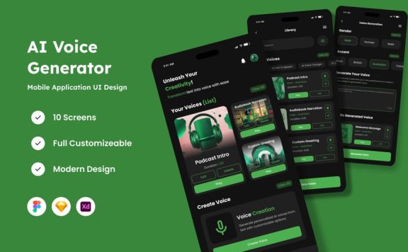人工智能语音生成器移动应用APP UI KIT (FIG,SKETCH,XD)