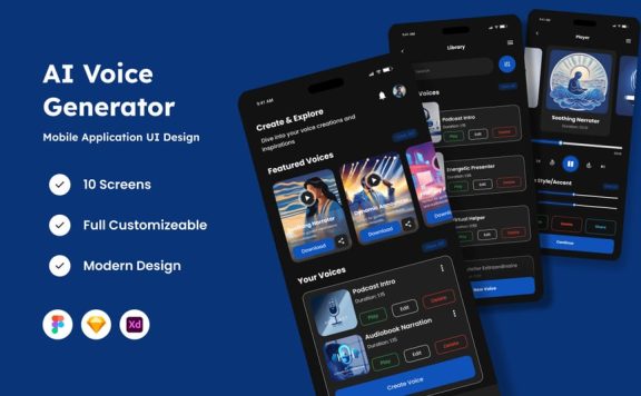 人工智能语音生成器移动应用APP UI KIT (FIG,SKETCH,XD)