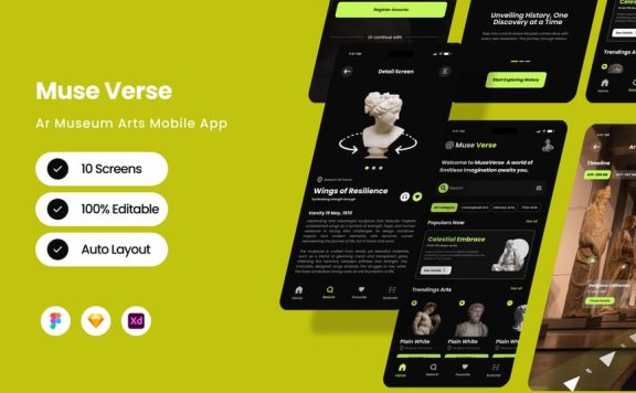 Ar 博物馆艺术移动应用APP UI KIT (FIG,SKETCH,XD)