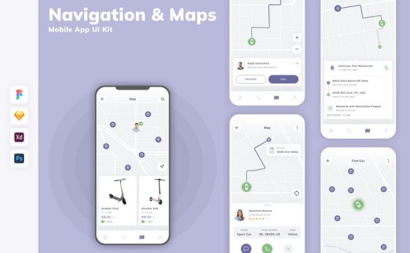 导航和地图移动应用APP UI KIT (SKETCH,FIG,XD,PSD)