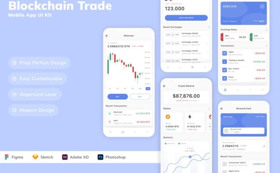 区块链贸易移动应用APP UI KIT (SKETCH,FIG,XD,PSD)