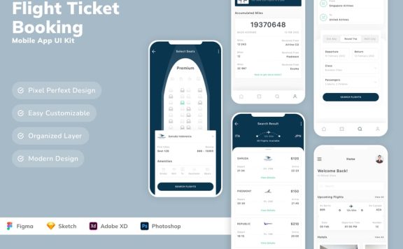 机票预订移动应用 APP UI KIT (SKETCH,FIG,XD,PSD)