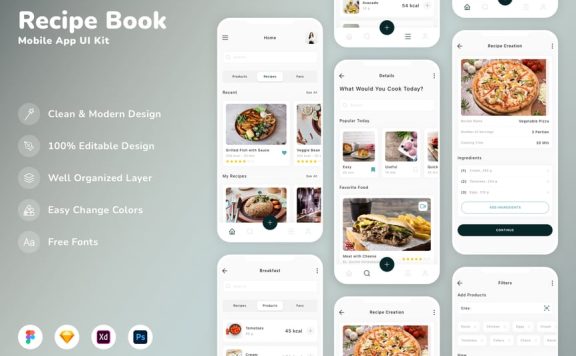 食谱书移动应用APP UI KIT (SKETCH,FIG,XD,PSD)