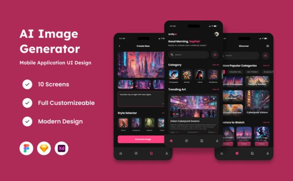 AI – 人工智能图像生成器移动应用APP UI KIT (FIG,SKETCH,XD)