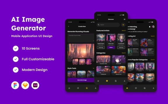 AI 图像生成器移动应用APP UI KIT (FIG,SKETCH,XD)