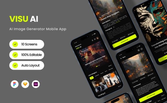 AI 图像生成器移动应用APP UI KIT (FIG,SKETCH,XD)
