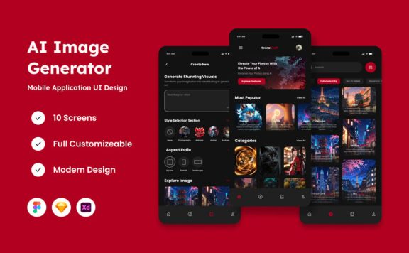 AI 图像生成器移动应用APP UI KIT (FIG,SKETCH,XD)