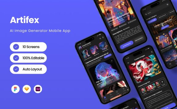 人工智能图像生成器移动应用APP UI KIT (FIG,SKETCH,XD)
