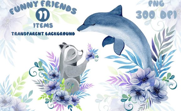 花卉动物水彩插画套装 (png)