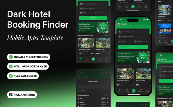 酒店预订Finder 移动应用（暗黑风格）APP UI KIT (FIG)