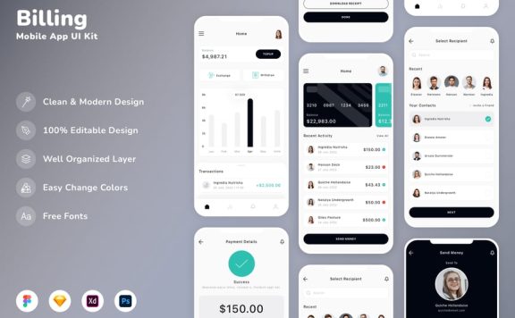 计费移动应用 APP UI KIT (SKETCH,FIG,XD,PSD)