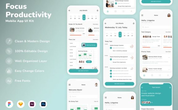 焦点和生产力移动应用 APP UI KIT (SKETCH,FIG,XD,PSD)