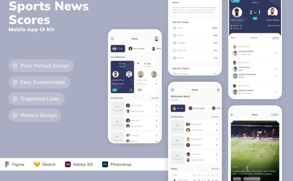 体育新闻和比分移动应用  APP UI Kit (SKETCH,FIG,XD,PSD)