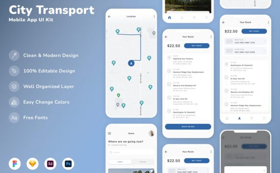 城市交通移动应用 UI 套件 (SKETCH,FIG,XD,PSD)