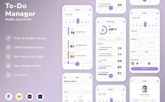 待办事项管理器移动应用 APP UI Kit (SKETCH,FIG,XD,PSD)