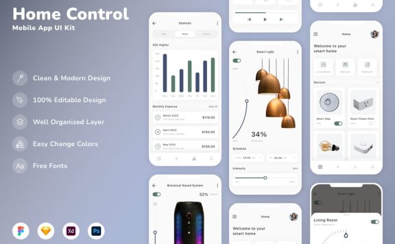 家居控制移动应用App UI Kit (SKETCH,FIG,XD,PSD)