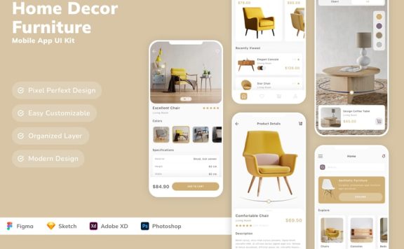 家居装饰和家具移动应用 App UI Kit (SKETCH,FIG,XD,PSD)
