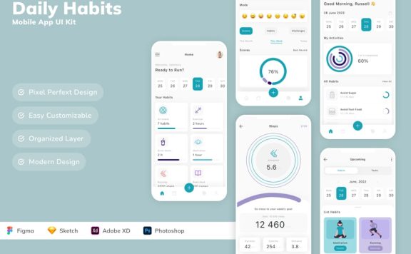 日常习惯移动应用App UI Kit (SKETCH,FIG,XD,PSD)