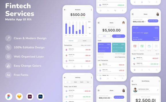 金融科技服务移动应用 App UI Kit (SKETCH,FIG,XD,PSD)